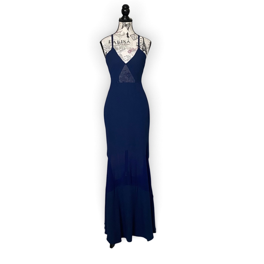 Fame and Partners Maxi Gown Women 0 Navy Blue Sheer Mesh Panel Formal Dress Hoco